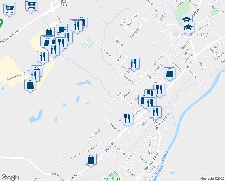 map of restaurants, bars, coffee shops, grocery stores, and more near 811 Hallstead Street in Dickson City