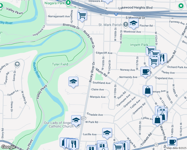 map of restaurants, bars, coffee shops, grocery stores, and more near 3359 Rocky River Drive in Cleveland