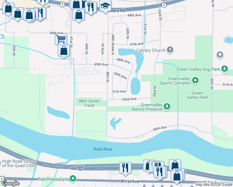 map of restaurants, bars, coffee shops, grocery stores, and more near 4814 51st Avenue in Moline