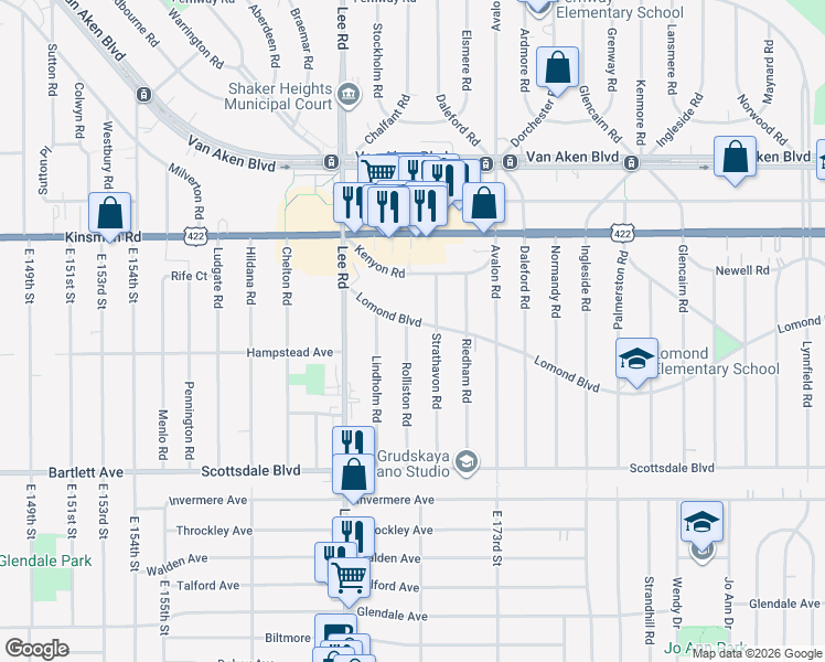 map of restaurants, bars, coffee shops, grocery stores, and more near 16808 Lomond Boulevard in Shaker Heights