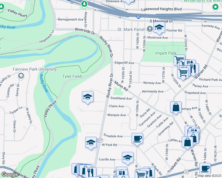 map of restaurants, bars, coffee shops, grocery stores, and more near 3359 Rocky River Drive in Cleveland