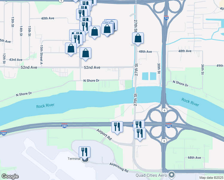 map of restaurants, bars, coffee shops, grocery stores, and more near 2410 North Shore Drive in Moline