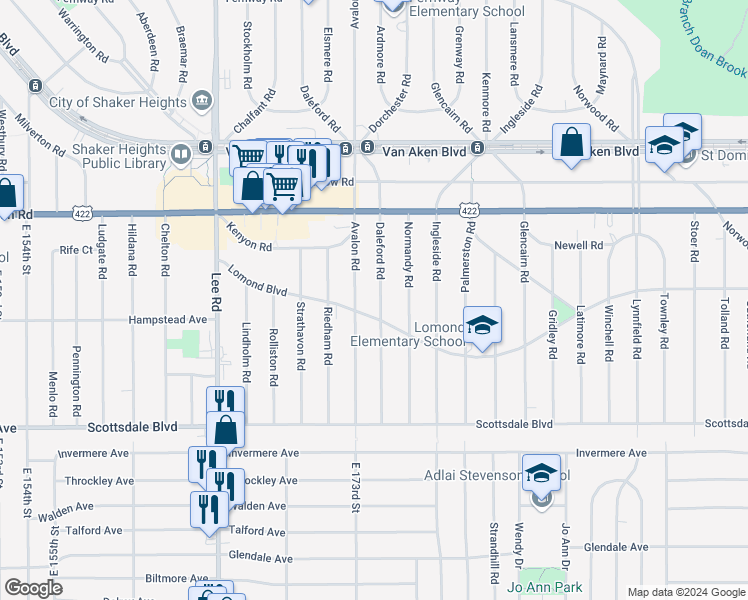 map of restaurants, bars, coffee shops, grocery stores, and more near 3600 Daleford Road in Shaker Heights
