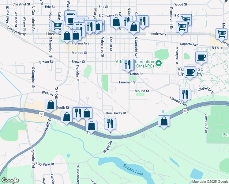 map of restaurants, bars, coffee shops, grocery stores, and more near 1099 S Locust St in Valparaiso