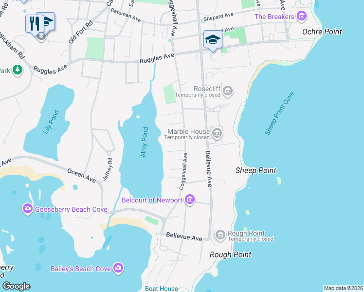map of restaurants, bars, coffee shops, grocery stores, and more near 167 Coggeshall Avenue in Newport