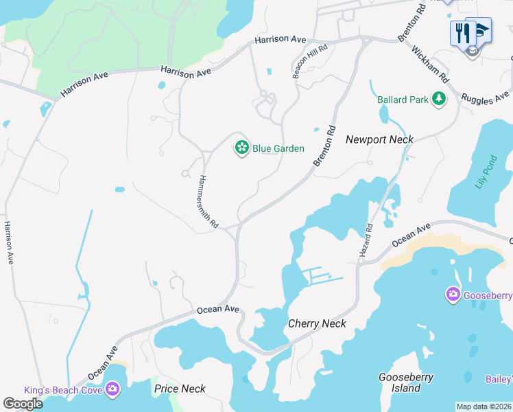 map of restaurants, bars, coffee shops, grocery stores, and more near 90 Brenton Road in Newport