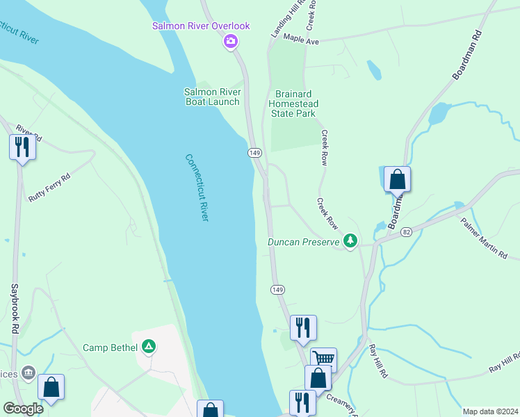 map of restaurants, bars, coffee shops, grocery stores, and more near 83 Main Street in East Haddam