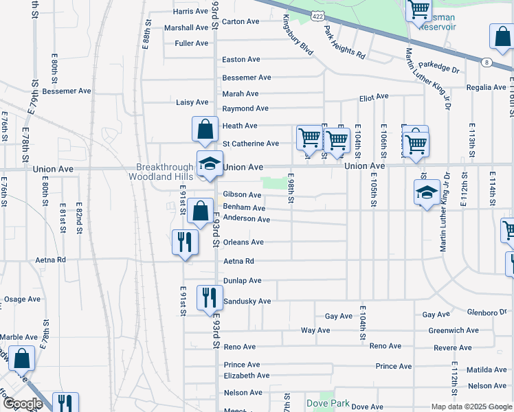 map of restaurants, bars, coffee shops, grocery stores, and more near 9508 Benham Avenue in Cleveland