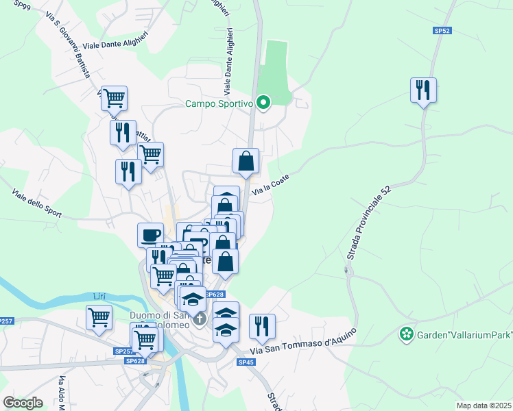 map of restaurants, bars, coffee shops, grocery stores, and more near 2B Via Jhon Kennedy in Pontecorvo