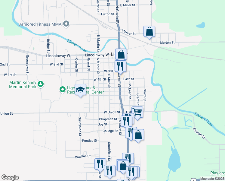 map of restaurants, bars, coffee shops, grocery stores, and more near 503 South Main Street in Ligonier