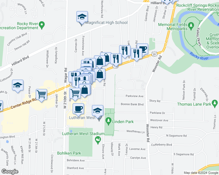 map of restaurants, bars, coffee shops, grocery stores, and more near 3167 Linden Road in Rocky River
