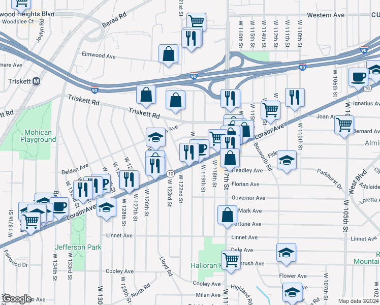 map of restaurants, bars, coffee shops, grocery stores, and more near 3340 West 120th Street in Cleveland