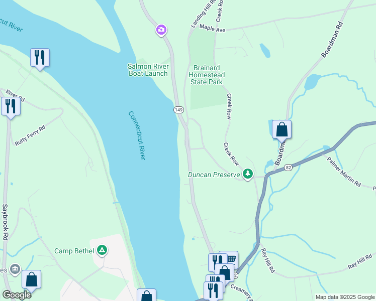 map of restaurants, bars, coffee shops, grocery stores, and more near 83 Main St in East Haddam