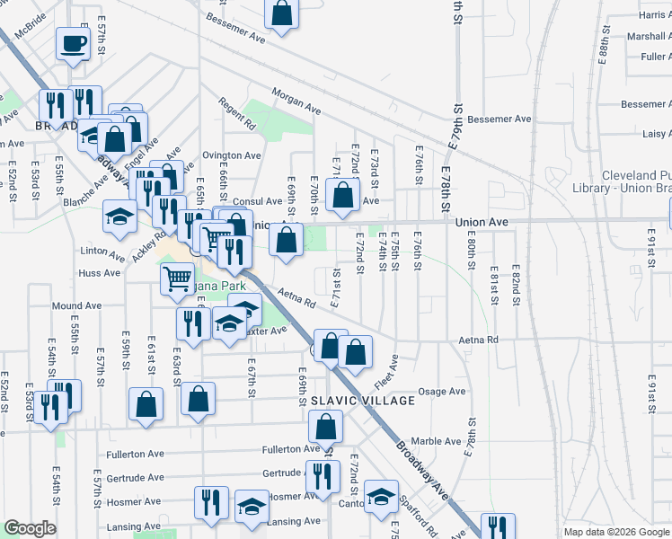 map of restaurants, bars, coffee shops, grocery stores, and more near 3562 East 71st Street in Cleveland