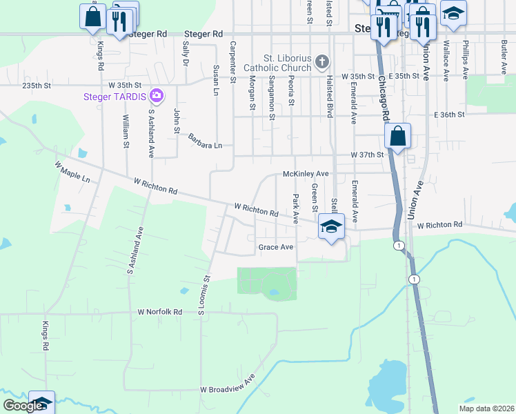 map of restaurants, bars, coffee shops, grocery stores, and more near 3761 Crescent Drive in Steger