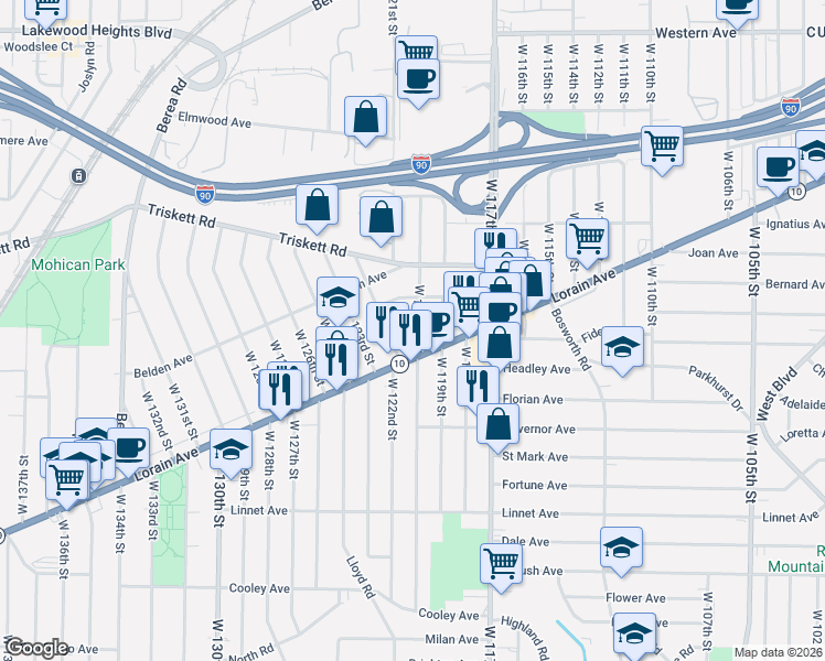 map of restaurants, bars, coffee shops, grocery stores, and more near 3340 West 120th Street in Cleveland