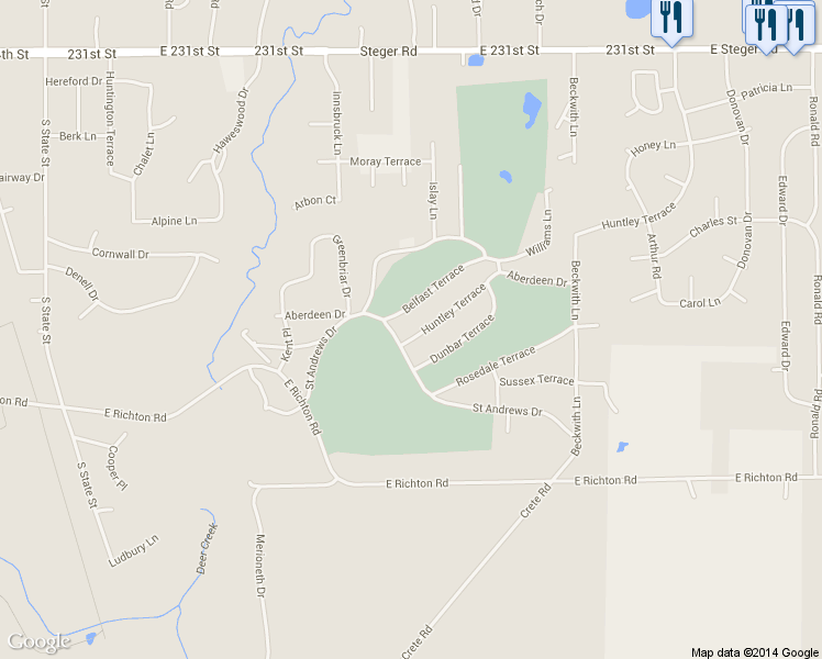 map of restaurants, bars, coffee shops, grocery stores, and more near 575 Huntley Terrace in Crete