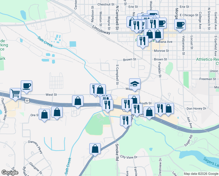 map of restaurants, bars, coffee shops, grocery stores, and more near 500 West Street in Valparaiso