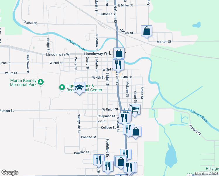 map of restaurants, bars, coffee shops, grocery stores, and more near 503 South Main Street in Ligonier