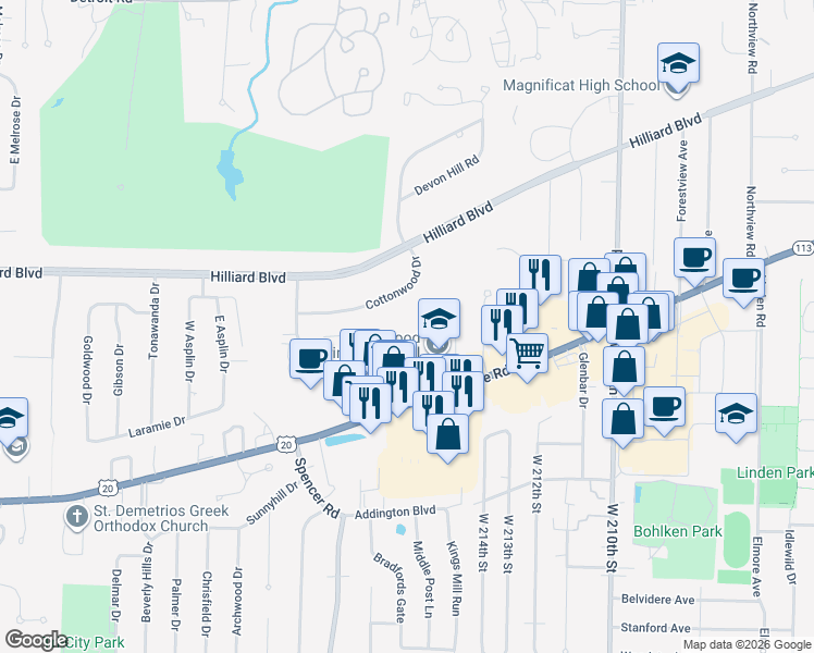 map of restaurants, bars, coffee shops, grocery stores, and more near 21872 River Oaks Drive in Rocky River