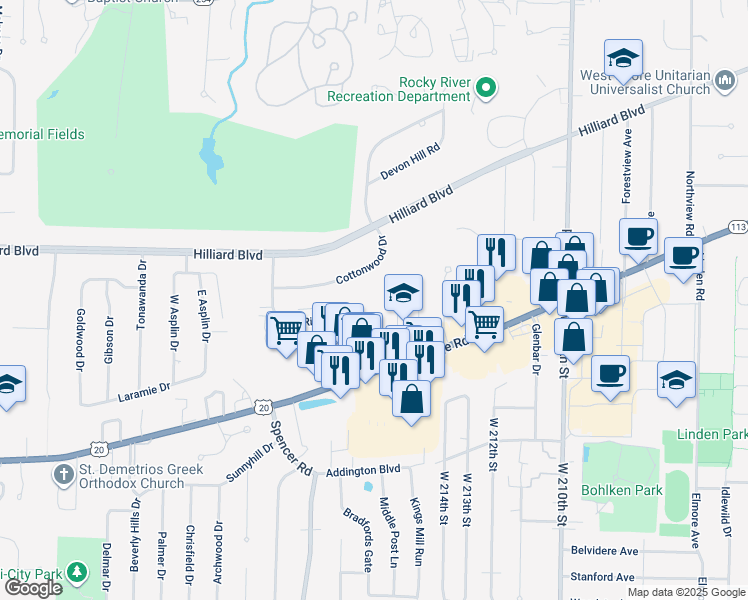 map of restaurants, bars, coffee shops, grocery stores, and more near 21872 River Oaks Drive in Rocky River