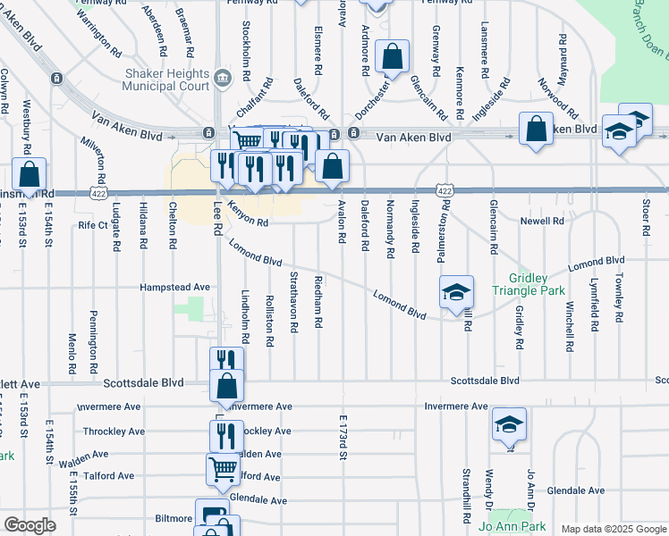 map of restaurants, bars, coffee shops, grocery stores, and more near 17121 Lomond Boulevard in Shaker Heights