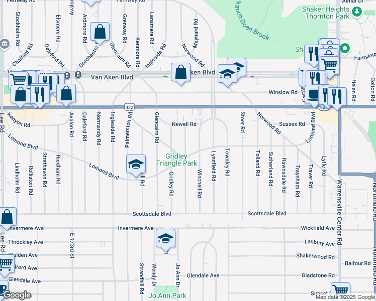 map of restaurants, bars, coffee shops, grocery stores, and more near 18501 Lomond Boulevard in Shaker Heights