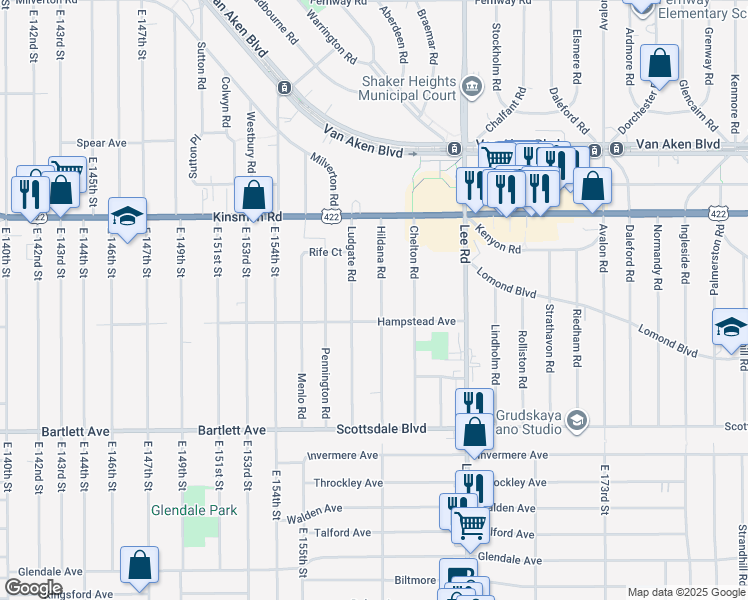 map of restaurants, bars, coffee shops, grocery stores, and more near 3603 Hildana Road in Shaker Heights