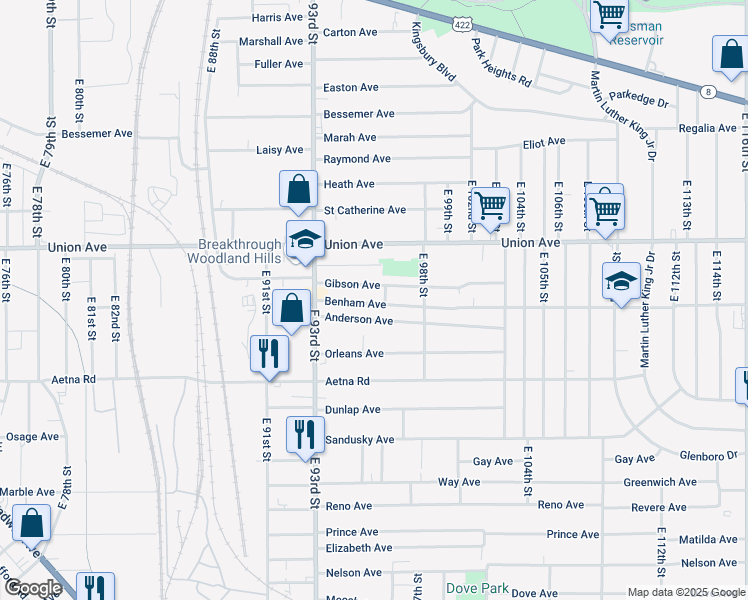 map of restaurants, bars, coffee shops, grocery stores, and more near 9508 Benham Avenue in Cleveland