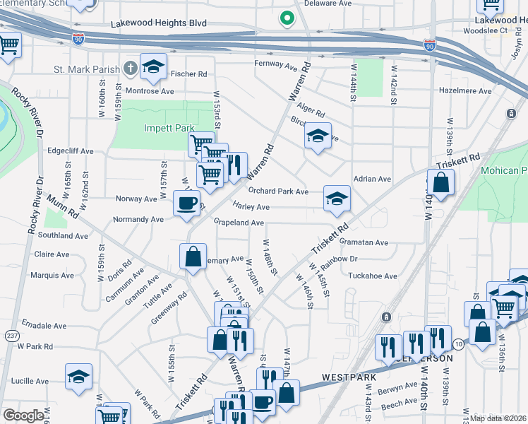 map of restaurants, bars, coffee shops, grocery stores, and more near 14728 Grapeland Avenue in Cleveland