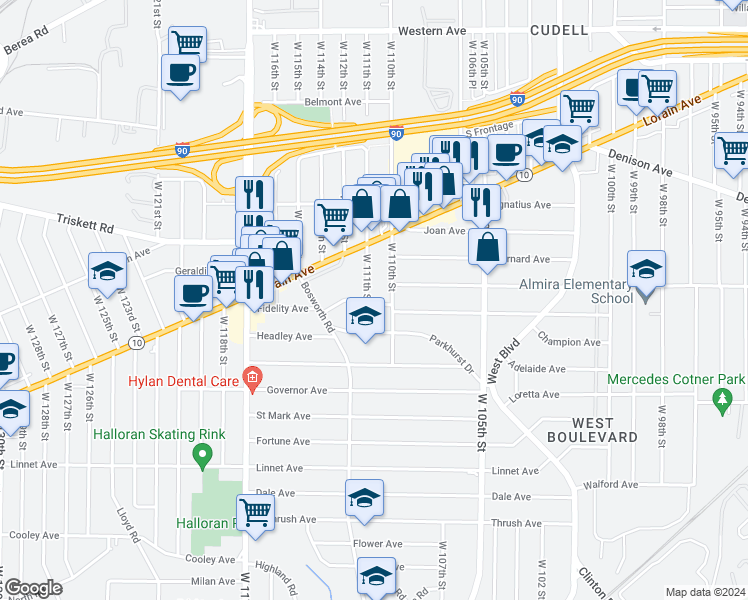 map of restaurants, bars, coffee shops, grocery stores, and more near 11018 Fidelity Avenue in Cleveland
