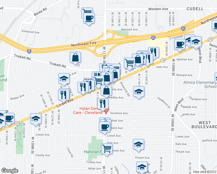 map of restaurants, bars, coffee shops, grocery stores, and more near 11621 Lorain Avenue in Cleveland