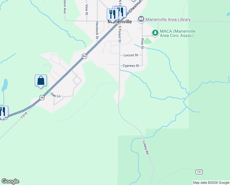 map of restaurants, bars, coffee shops, grocery stores, and more near South Forest Street in Marienville
