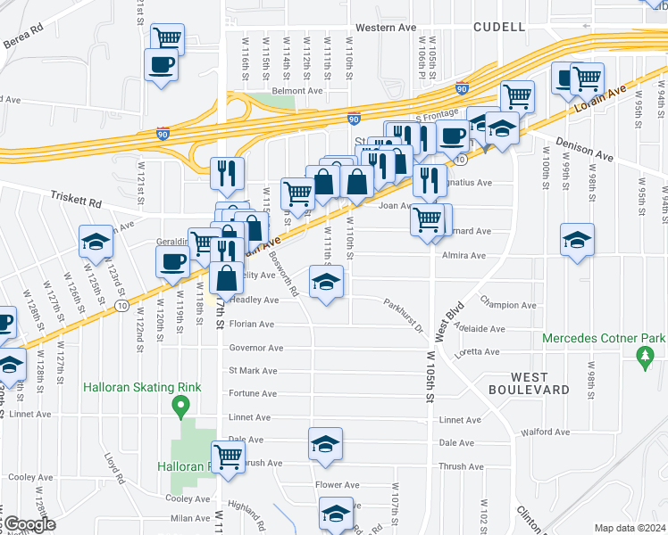 map of restaurants, bars, coffee shops, grocery stores, and more near 3333 West 111th Street in Cleveland