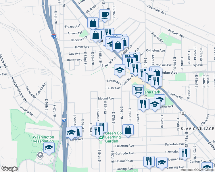 map of restaurants, bars, coffee shops, grocery stores, and more near 5607 Huss Avenue in Cleveland