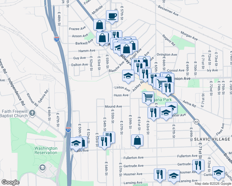 map of restaurants, bars, coffee shops, grocery stores, and more near 5607 Huss Avenue in Cleveland