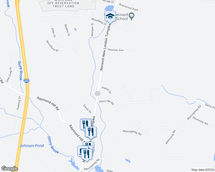 map of restaurants, bars, coffee shops, grocery stores, and more near 11 Platoz Drive in Montville