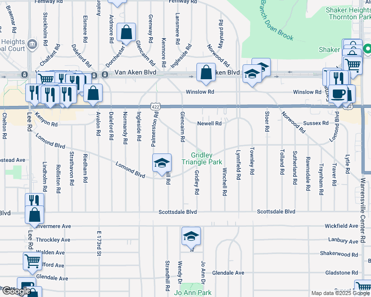 map of restaurants, bars, coffee shops, grocery stores, and more near 3606 Glencairn Road in Shaker Heights