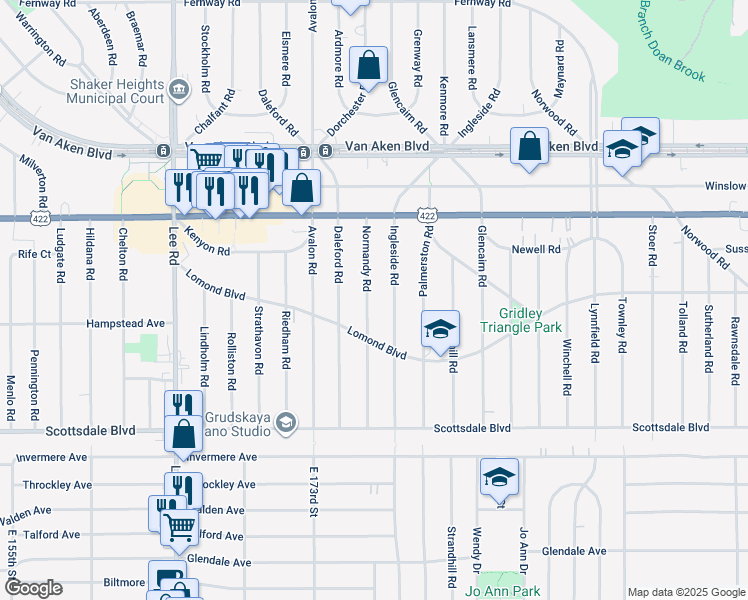 map of restaurants, bars, coffee shops, grocery stores, and more near 3609 Normandy Road in Shaker Heights