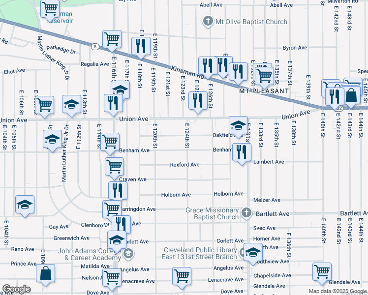 map of restaurants, bars, coffee shops, grocery stores, and more near 12306 Benham Avenue in Cleveland
