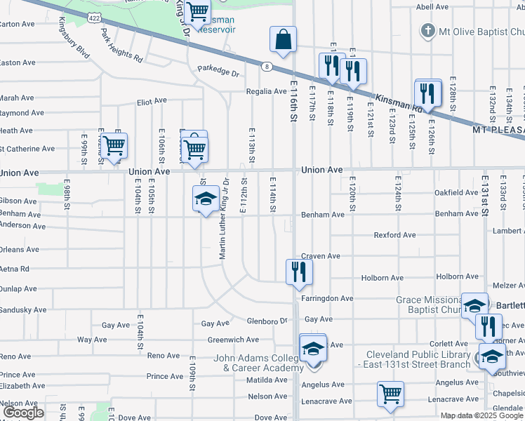 map of restaurants, bars, coffee shops, grocery stores, and more near 3578 East 114th Street in Cleveland