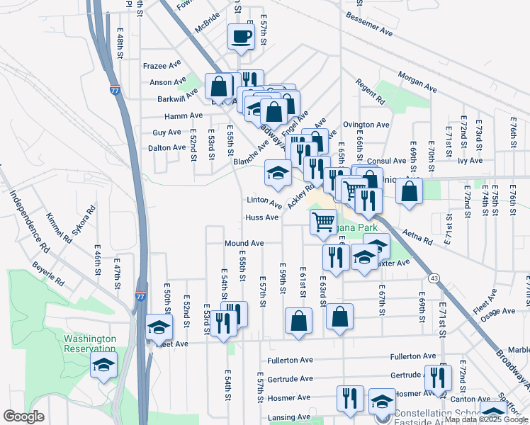 map of restaurants, bars, coffee shops, grocery stores, and more near 5802 Huss Avenue in Cleveland
