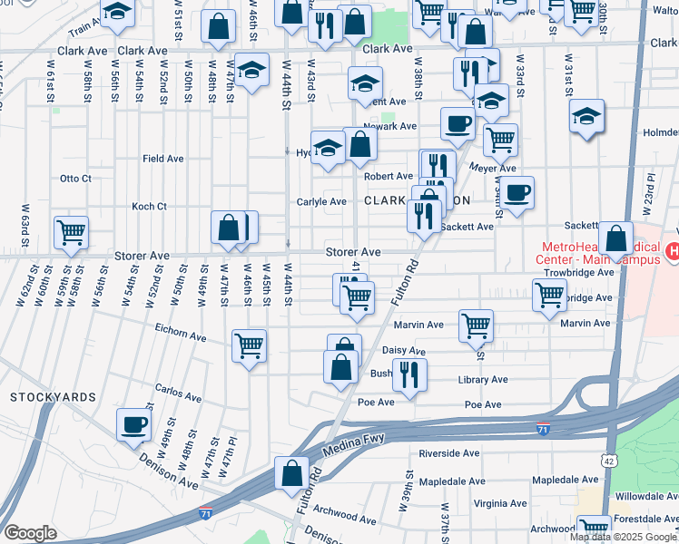 map of restaurants, bars, coffee shops, grocery stores, and more near 4121 Trowbridge Avenue in Cleveland