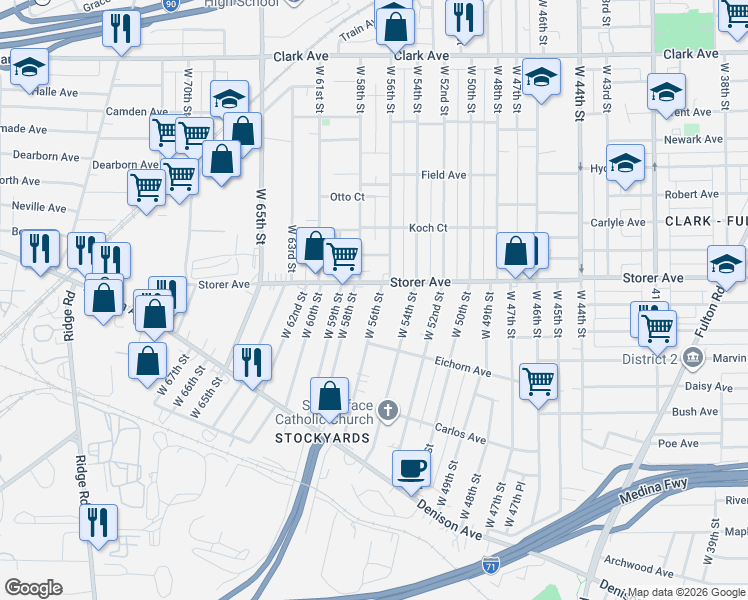 map of restaurants, bars, coffee shops, grocery stores, and more near 3407 West 58th Street in Cleveland