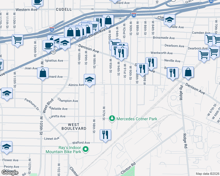 map of restaurants, bars, coffee shops, grocery stores, and more near 3385 West 95th Street in Cleveland