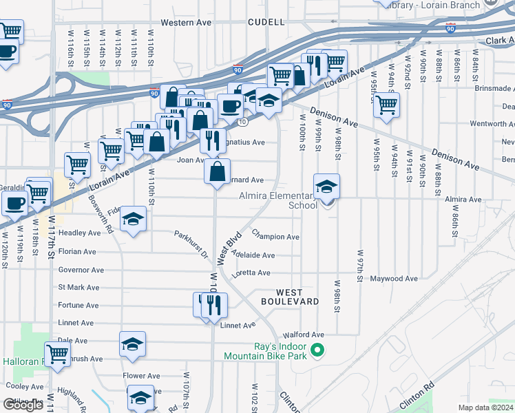 map of restaurants, bars, coffee shops, grocery stores, and more near 3348 West Boulevard in Cleveland