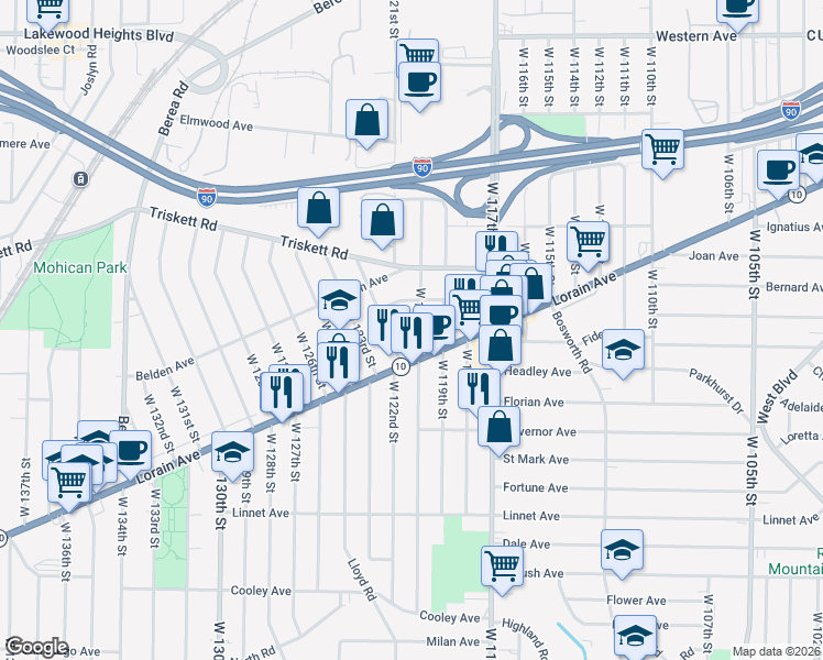 map of restaurants, bars, coffee shops, grocery stores, and more near 3357 West 122nd Street in Cleveland