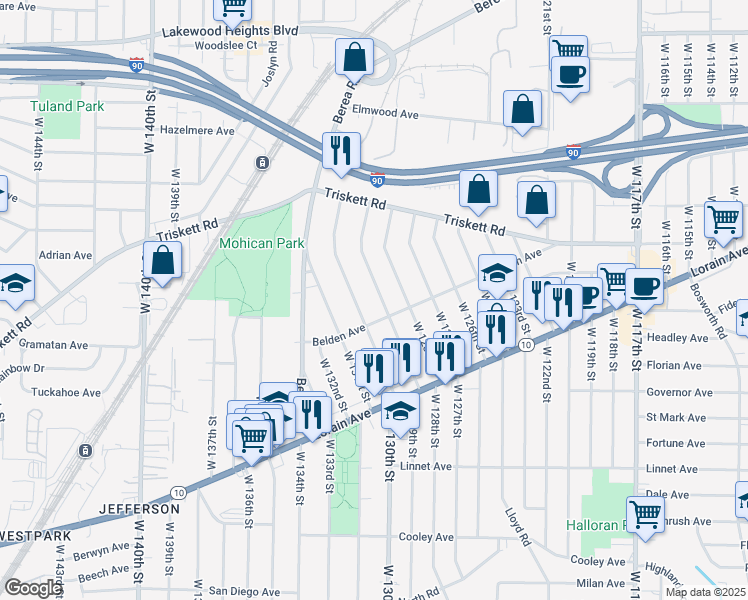 map of restaurants, bars, coffee shops, grocery stores, and more near 3346 West 129th Street in Cleveland
