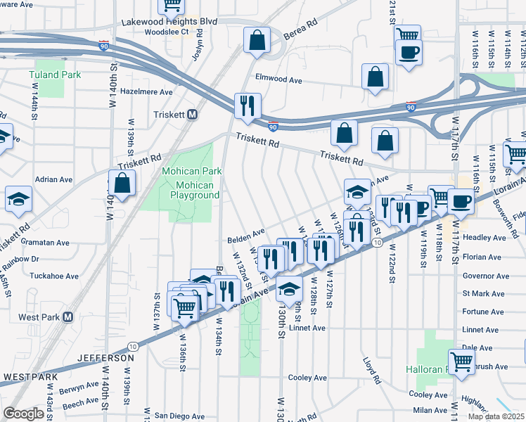 map of restaurants, bars, coffee shops, grocery stores, and more near 3346 West 129th Street in Cleveland