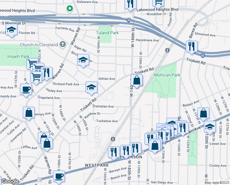 map of restaurants, bars, coffee shops, grocery stores, and more near 14403 Triskett Road in Cleveland